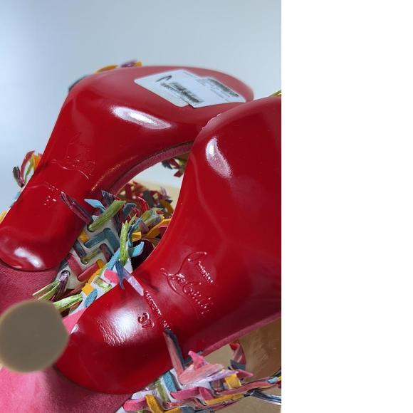 Meroine Pink Rainbow Woven 85mm raffia fringe heels mules D976 - Picture 9 of 11